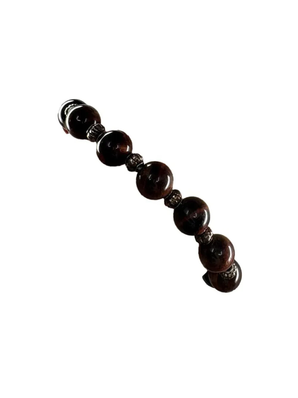 8mm Natural Red Tiger Eye Stone Stretch Beaded Bracelet Silver Alloy Charm